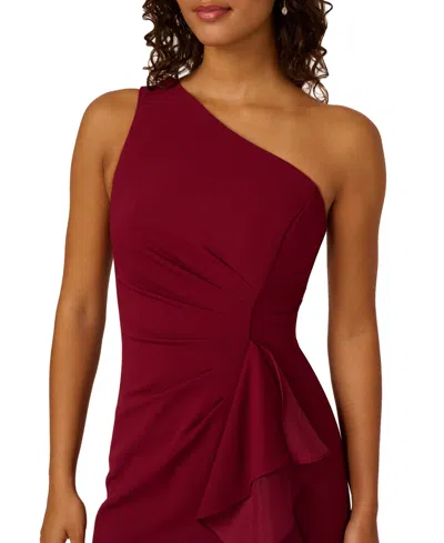 Adrianna Papell Crepe One Shoulder Ruffle Gown In Burgundy