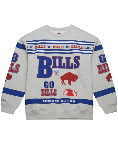 Mitchell & Ness Heather Gray Buffalo Bills All Over Print Vintage Fleece Crewneck Sweatshirt In Gray