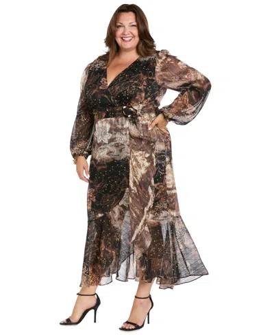 R & M Richards 4176w Short Plus Size Midi Length Dress In Brown