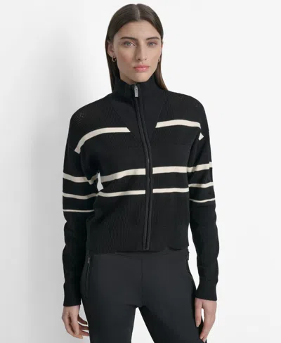 Dkny Striped-pattern Zip Cardigan In Black