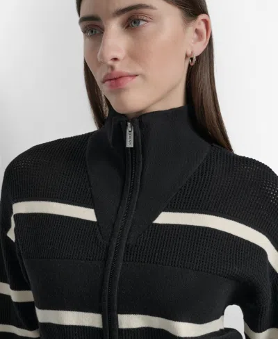 Dkny Striped-pattern Zip Cardigan In Black