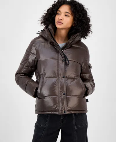 S13 Women's Ella Hooded Thumbhole-cuff Puffer Coat In Brown