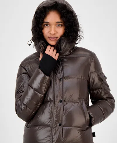 S13 Women's Ella Hooded Thumbhole-cuff Puffer Coat In Brown