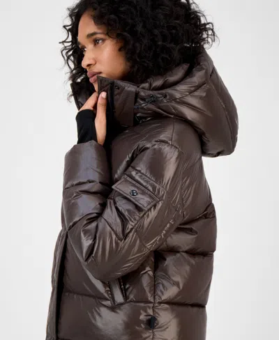 S13 Women's Ella Hooded Thumbhole-cuff Puffer Coat In Brown