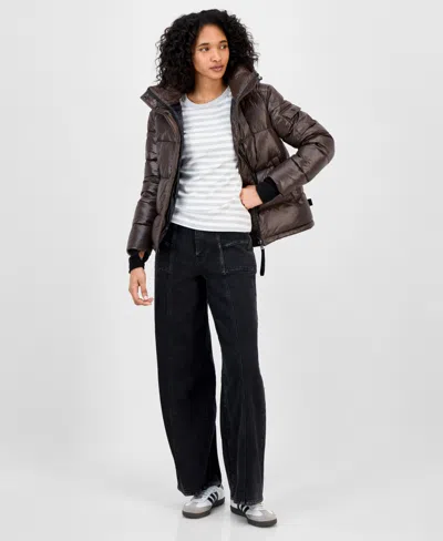 S13 Women's Ella Hooded Thumbhole-cuff Puffer Coat In Brown