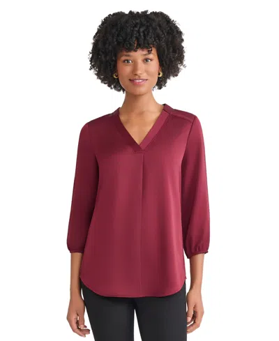 Jones New York Notch Neck V-neck Top In Burgundy