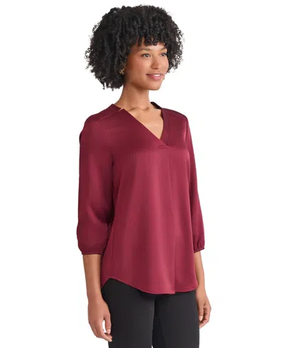 Jones New York Notch Neck V-neck Top In Burgundy