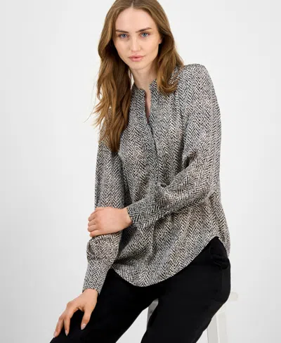 Anne Klein Womens Printed V Neck Long Sleeve Blouse P Xxs 3x In Multi