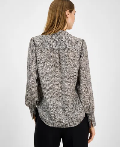 Anne Klein Womens Printed V Neck Long Sleeve Blouse P Xxs 3x In Multi