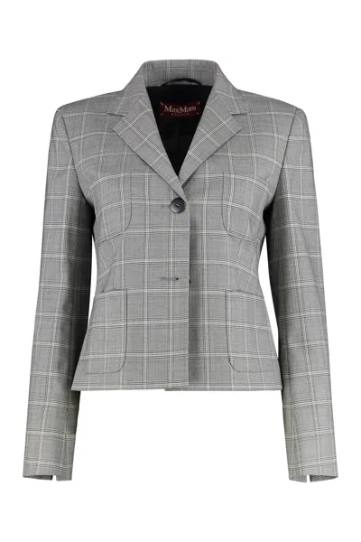 Max Mara Tailored Grey Wool Blazer With Classic Plaid Pattern In Gray