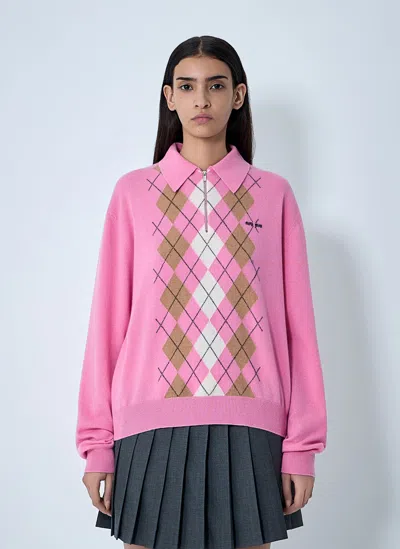 Miu Miu Argyle Pattern Polo With Ribbed Cuffs And Hem In Pink