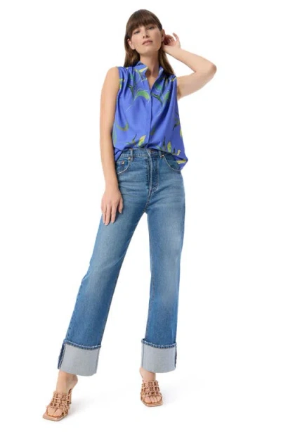 Do By Dee Ocleppo Jade Leaf Print Sleeveless Button-up Top In Blue