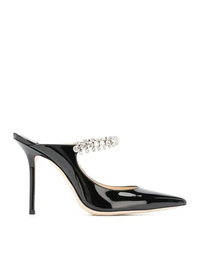 Jimmy Choo Bing 100 Black Patent Leather Clog With Crystal Strap In Black