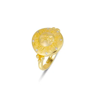 Spero London Sun Face Embossed Sterling Silver Medal Ring In Gold