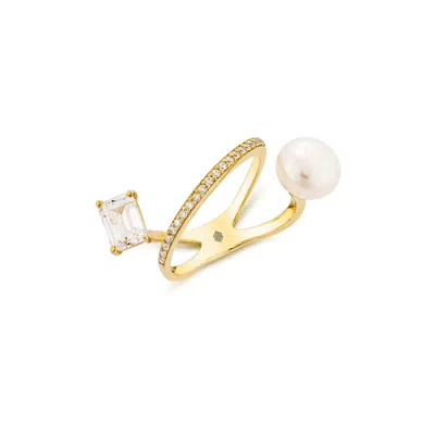 Sally Skoufis Women's Gold / White New Moon Ring With Natural White Pearl & Man Made Cz Diamond Stimulant In Sterl In Multi