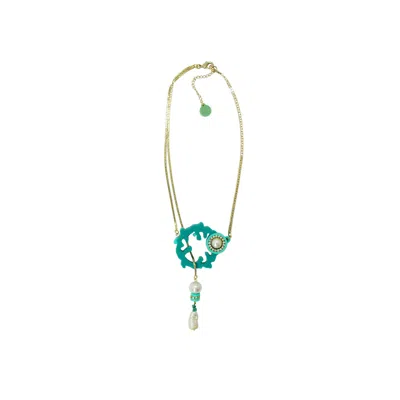 Gissa Bicalho Women's Handmade Necklace Coral And Chain Turquoise Green In Gold