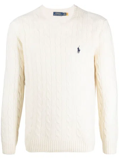 Polo Ralph Lauren Textured Cable Knit Sweater With Round Neckline And Fitted Silhouette In Neutral