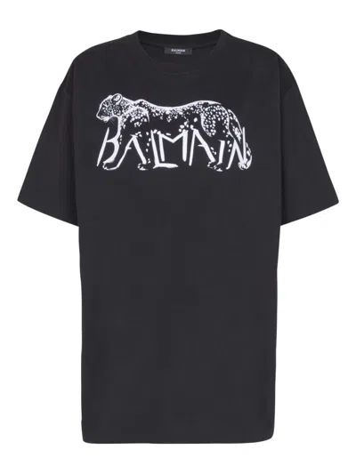 Balmain Leopard Print Cotton T-shirt In Black