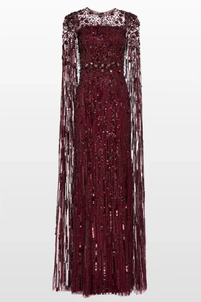 Jenny Packham Ruby Sequin-embellished Cape Maxi Dress In Burgundy