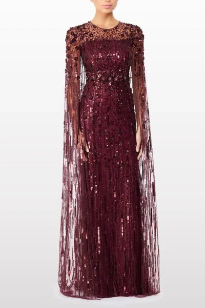 Jenny Packham Ruby Sequin-embellished Cape Maxi Dress In Burgundy
