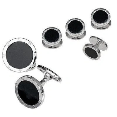 Jan Leslie Round Rivet Etched Sterling Silver & Onyx Stud & Cufflink Set In Black
