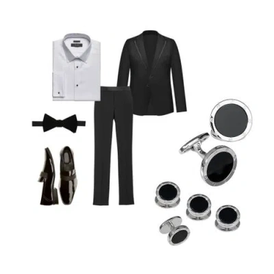 Jan Leslie Round Rivet Etched Sterling Silver & Onyx Stud & Cufflink Set In Black