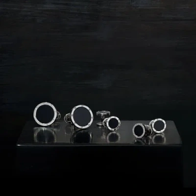 Jan Leslie Round Rivet Etched Sterling Silver & Onyx Stud & Cufflink Set In Black