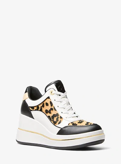 Michael Kors Emmy Leather And Leopard Print Calf Hair Wedge Trainer In Multi