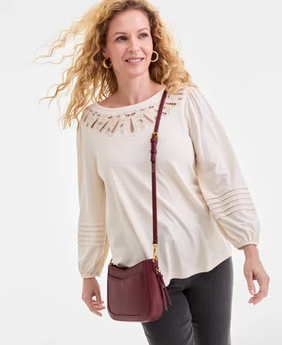 Style & Co Women's Embroidery Long-sleeve Knit, Macy's Exclusive In Brown