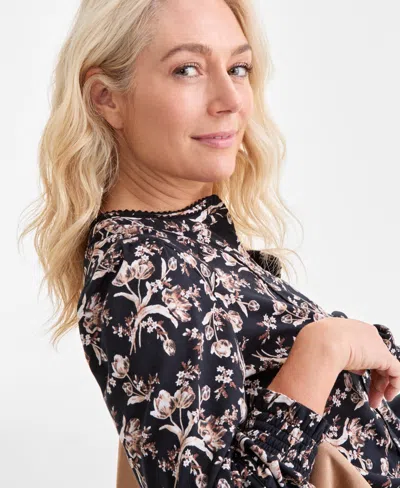 Style & Co Women's Printed Smocked-cuff Knit Top, Macy's Exclusive In Black