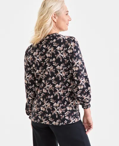 Style & Co Women's Printed Smocked-cuff Knit Top, Macy's Exclusive In Black