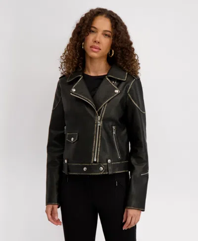 Karl Lagerfeld Women's Asymmetric Faux Leather Belted Moto Coat, Created For Macys In Black