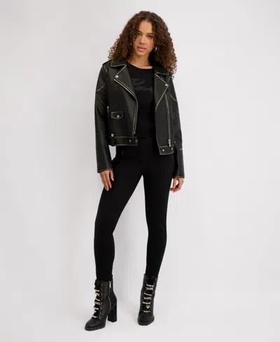 Karl Lagerfeld Women's Asymmetric Faux Leather Belted Moto Coat, Created For Macys In Black