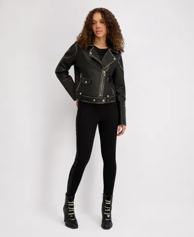 Karl Lagerfeld Women's Asymmetric Faux Leather Belted Moto Coat, Created For Macys In Black