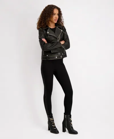 Karl Lagerfeld Women's Asymmetric Faux Leather Belted Moto Coat, Created For Macys In Black