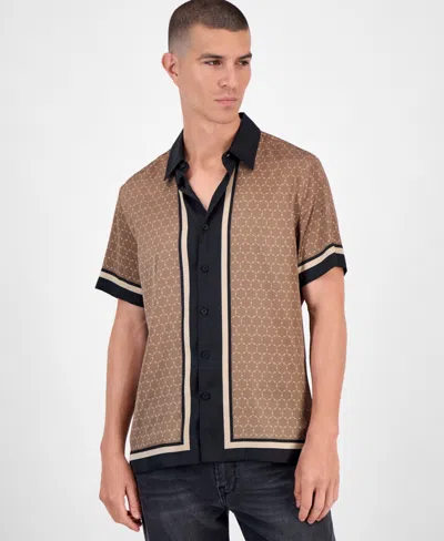 Guess Short Sleeve Geometric Border Charm Button-front Shirt In Brown