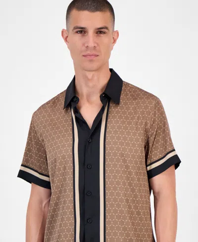 Guess Short Sleeve Geometric Border Charm Button-front Shirt In Brown