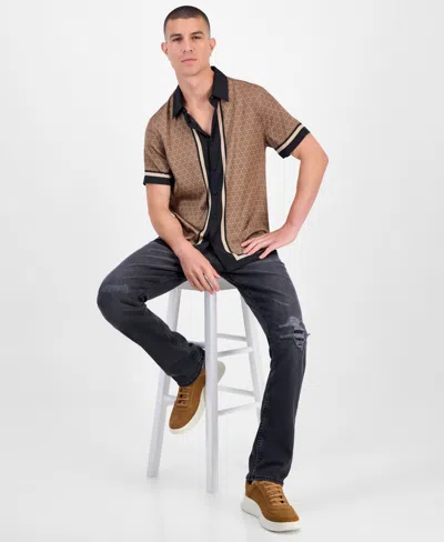 Guess Short Sleeve Geometric Border Charm Button-front Shirt In Brown