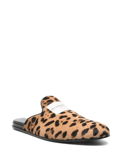 Givenchy Label Flat Mules In Leather With Leopard Print In Multi
