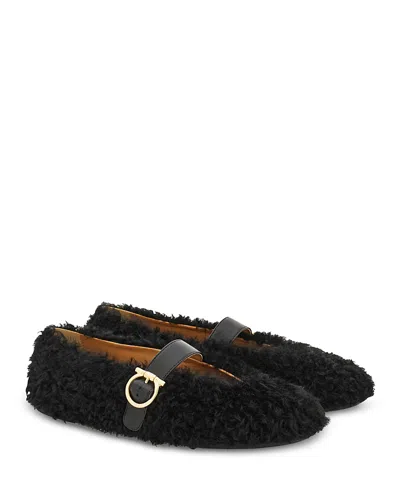 Ferragamo Shearling Ballet Flats In Black