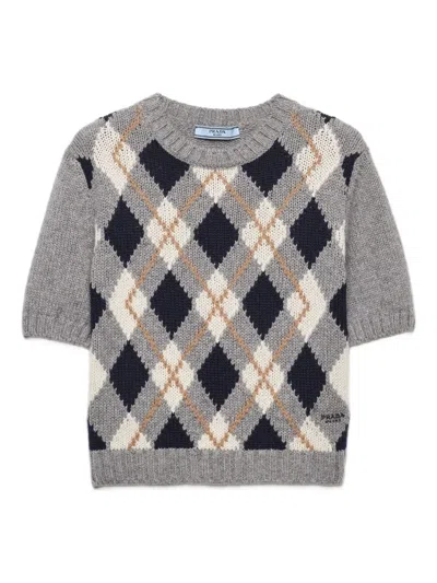 Prada Cashmere Sweater With Argyle Pattern And Ribbed Hem In Gray