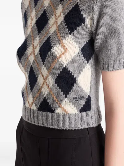 Prada Cashmere Sweater With Argyle Pattern And Ribbed Hem In Gray