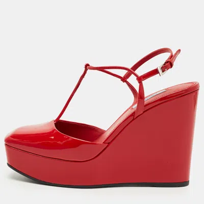 Pre-owned Prada Red Patent Leather T Strap Wedge Pumps Size 38.5