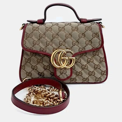 Pre-owned Gucci Beige Red Fabric Gg Marmont Mini Top Handle Bag In Sand
