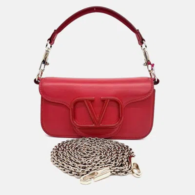 Pre-owned Valentino Garavani Red Leather V-logo Rocco Shoulder Bag Small