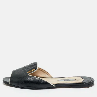 Pre-owned Prada Black Saffiano Patent Leather Flat Slide Size 37