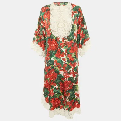 Pre-owned Dolce & Gabbana Red/multicolor Geranium Print Silk Blend Lace Trimmed Midi Dress Xs