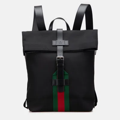 Pre-owned Gucci Black Canvas Techno Web Fold Over Backpack