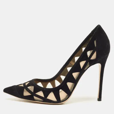 Pre-owned Gianvito Rossi Black Suede And Mesh Maxine Laser Cut Pointed Toe Pumps Size 40