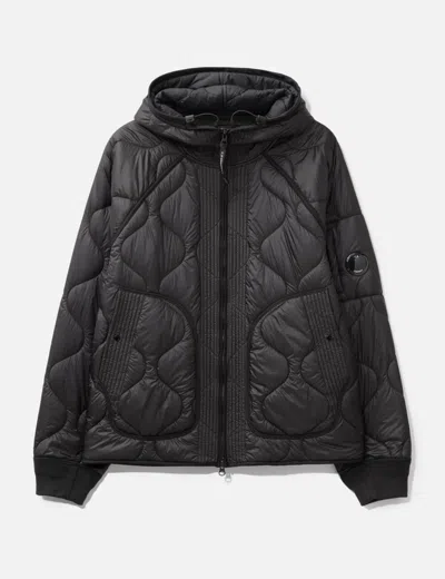 C.p. Company Black Jacket With Fixed Hood And Logo Plaque On The Sleeve In Tech Fabric Man In Black
